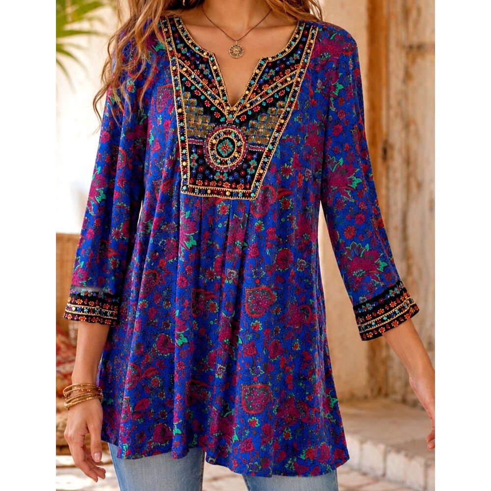 Soft Surroundings Women's Floral beaded top Colorful Boho, 3/4 Sleeve S
